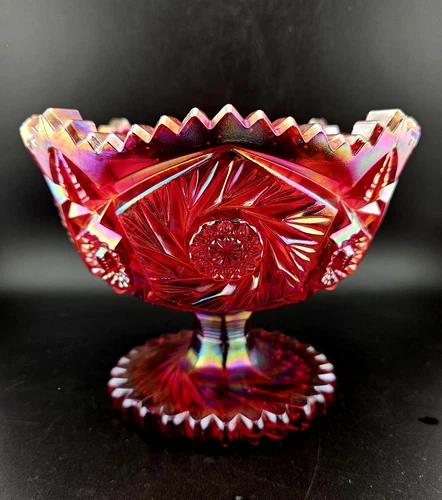 LE Smith Ruby Red Iridescent Footed Pedestal Bowl Compote Aztec Pinwheel Design