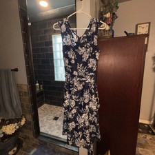 Tahari ASL Levine Navy Blue White Floral Printed Lace Ruffle Tiered Dress 14P