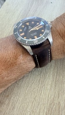 18mm Dark BROWN Italian Cowhide leather Strap Modern Thin watch Open TAN Stitch