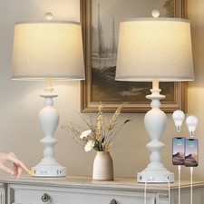 28" Farmhouse Table Lamps Set of 2 with USB C A Ports  AC Outlet for White