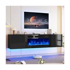 70in Floating TV Stand with 36in Electric Fireplace, Storage, Black