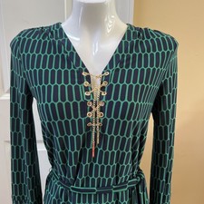 Michael Kors Women's Dress Long Sleeve Size S Green/Navy Print Knee Length