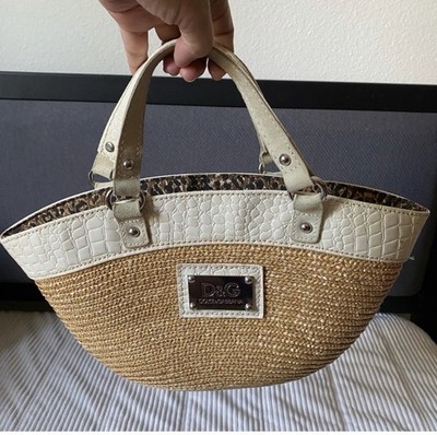 D&G Dolce & Gabbana Straw Woven Satchel Croc Embossed Trim Animal