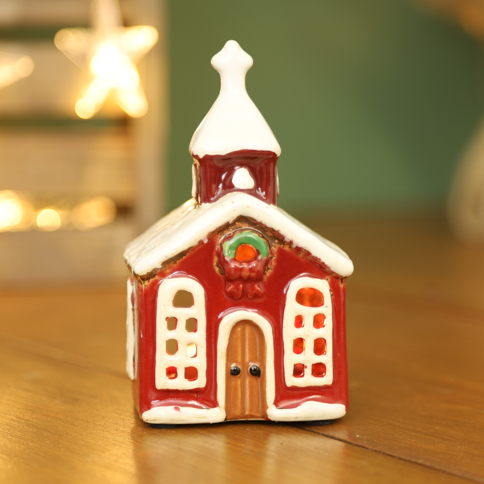 Ceramic Christmas Church Tealight Holder Cottage Village Scene Ornament Xmas