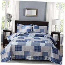 Plaid Quilt Set Full/Queen Size Quilt 3 Queen/Full 90" x 90" Navy Light Blue