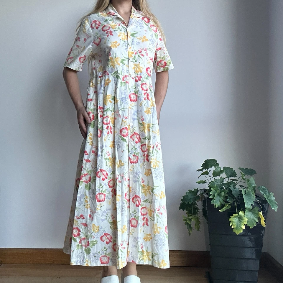 Annie Lantz Women’s Small 80s Vintage White Floral Button Down Cotton Maxi Dress - Imagem 4 de 4