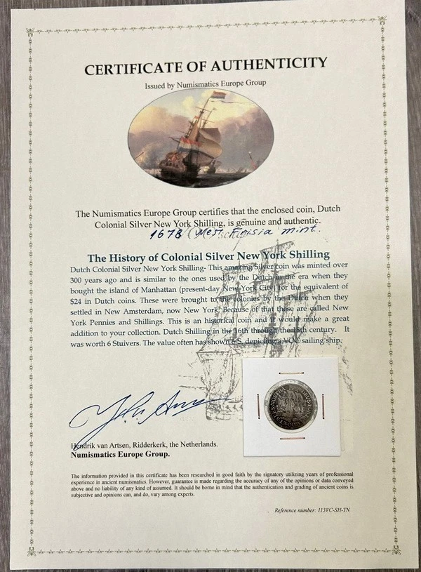 Certificate of Authenticity Silver 1678 Colonial New York Ship Shilling 3 masted - Image 4 of 4