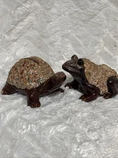 Vintage Red Clay Glazed Pottery Turtle & Toad Frog Coin Banks w Shells Glitter 