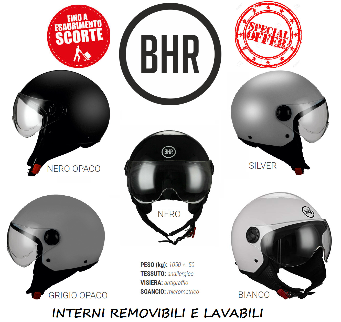 BHR Casco Scooter Demi Jet 801 Omologato Interni Estraibili Visiera Antigraffio