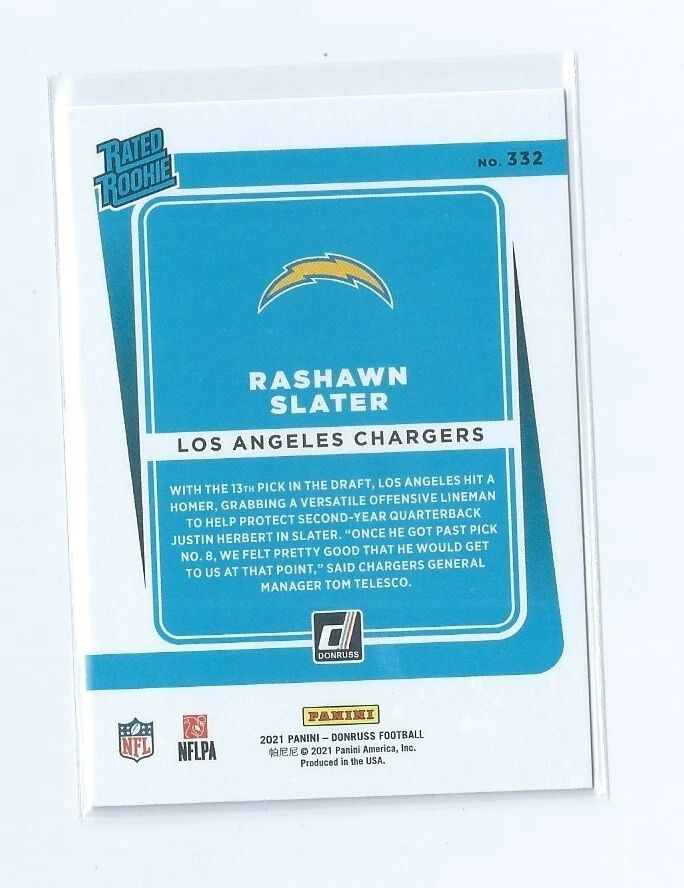 Rashawn Slater Rated Rookie 2021 Panini Donruss Football NFL Rookie Card No. 332 - Image 2 of 2