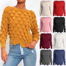 LADIES SCALLOP HEM BOBBLE CROPPED JUMPER WOMENS CHUNKY KNIT BOAT NECK LOOK WARM