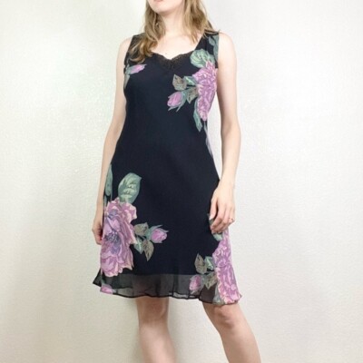 Vintage Black & Purple Floral Knee Length Slip Dress Size L | eBay