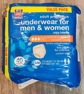 New Rite Aid Brand Adult Protection Underwear S/M Unisex Qty 40 Moderate Absorb