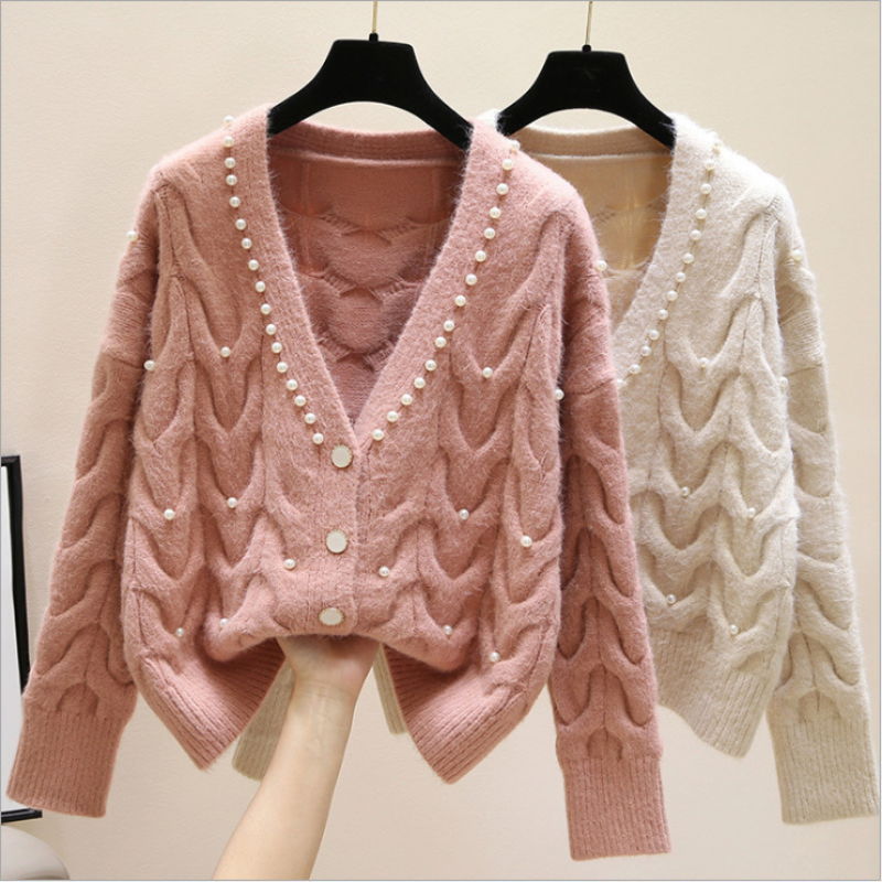 Ladies Cardigan Top Faux Pearl Sweater Jacket Outdoor