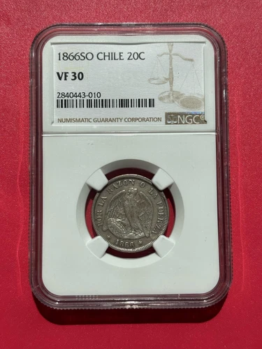Chile 20 centavos 1866 NGC VF30 Silver Coin