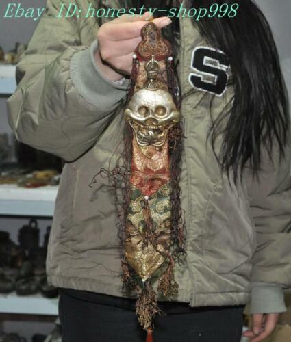 14,8" Tibet ancien temple soie bronze squelette crâne diable statue amulette pendentif - Photo 1/8