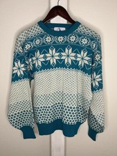 Vintage Nordic Fair Isle Wool Blend Sweater Size L Crewneck Jumper Unisex Teal