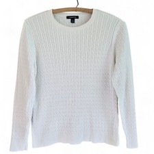 Lands End Womens Medium Drifter Cable Knit Cotton Sweater White Long Sleeve