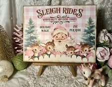 Sleigh Rides Santa With Baby Deers, Retro Christmas, Handcrafted Plaque / Sign 1