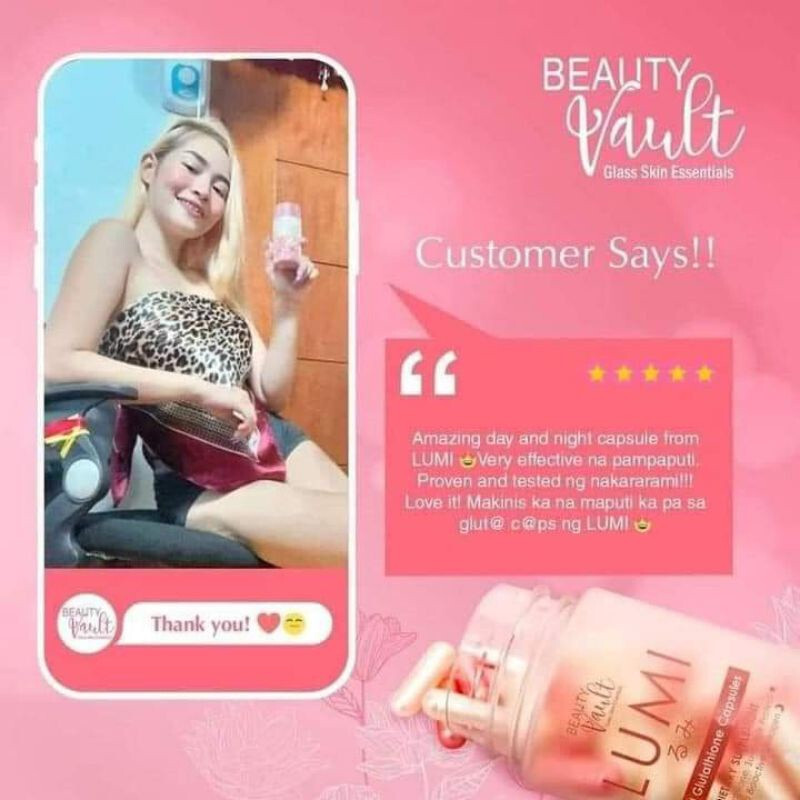 is lumi glutathione effective Beauty Vault Lumi 24H Glutathione 60 Capsules Benefits: Skin Brightening:  Helps lighten dark spots and even out skin tone. Anti-Aging: Reduces signs  of aging such as fine lines and wrinkles. Enhanced Hydration: main image 0