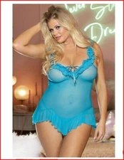 Flirty Ruffle Trim Sheer Turquoise Mesh Babydoll Set 96821 - Queen Size
