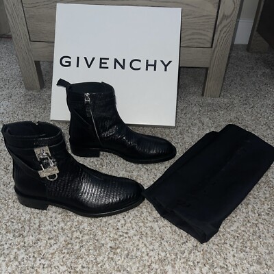 Givenchy Shark Lock Ankle Boots Flat Black Lizard Embossed Leather 39 NIB 