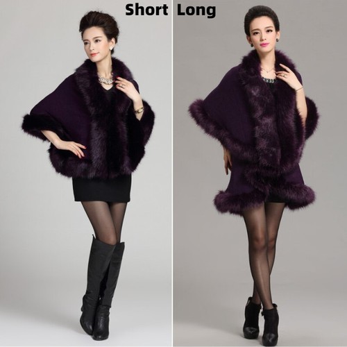 Lady Knit Poncho Cape Faux Fur Collar Wrap Shawl Warm Cloak Cardigan Sweater Top - Picture 3 of 22