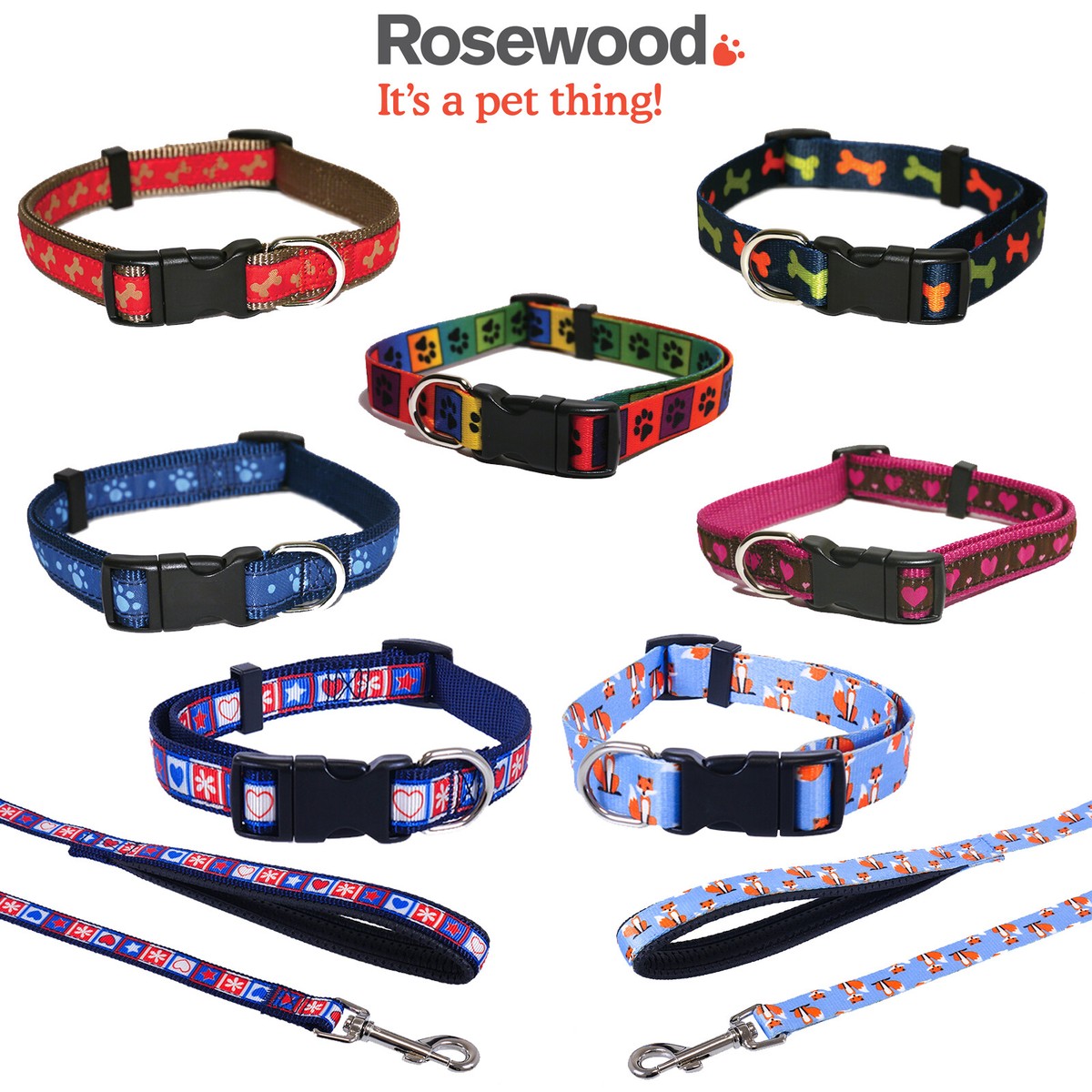 Rosewood Wag-n-Walk Halsband Verstellbar – Nylon, 18-28" Länge, 1" Breite, Mit Schnellverschluss, Rosa Herz-Design