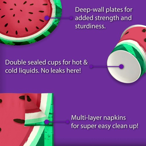 Watermelon Birthday Party Supplies Set Plates Napkins Cups Tableware Kit for 16 - Picture 5 of 7