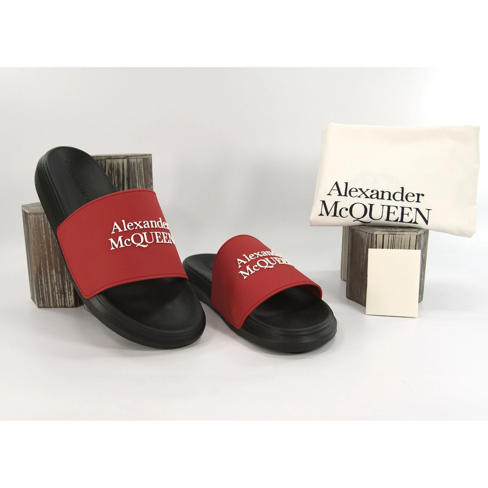 Slides piscina in gomma Alexander McQueen da uomo rosso nero sfogliato 45 12 nuove con scatola