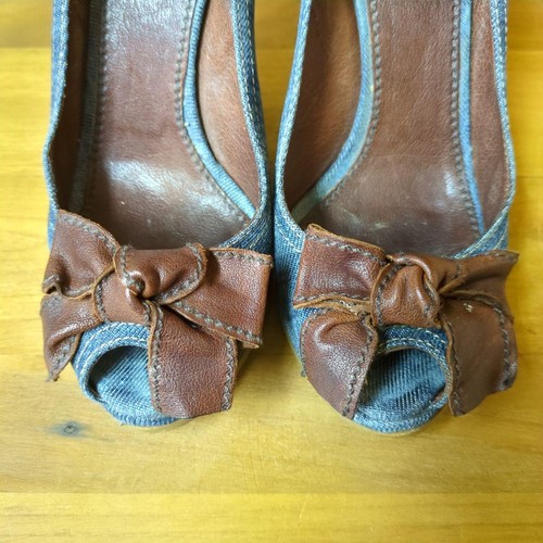 Miu Miu Blue Denim Wedge Peep-Toe Heels with Brown Leather Bows - EU 37 JAPAN - Picture 4 of 24