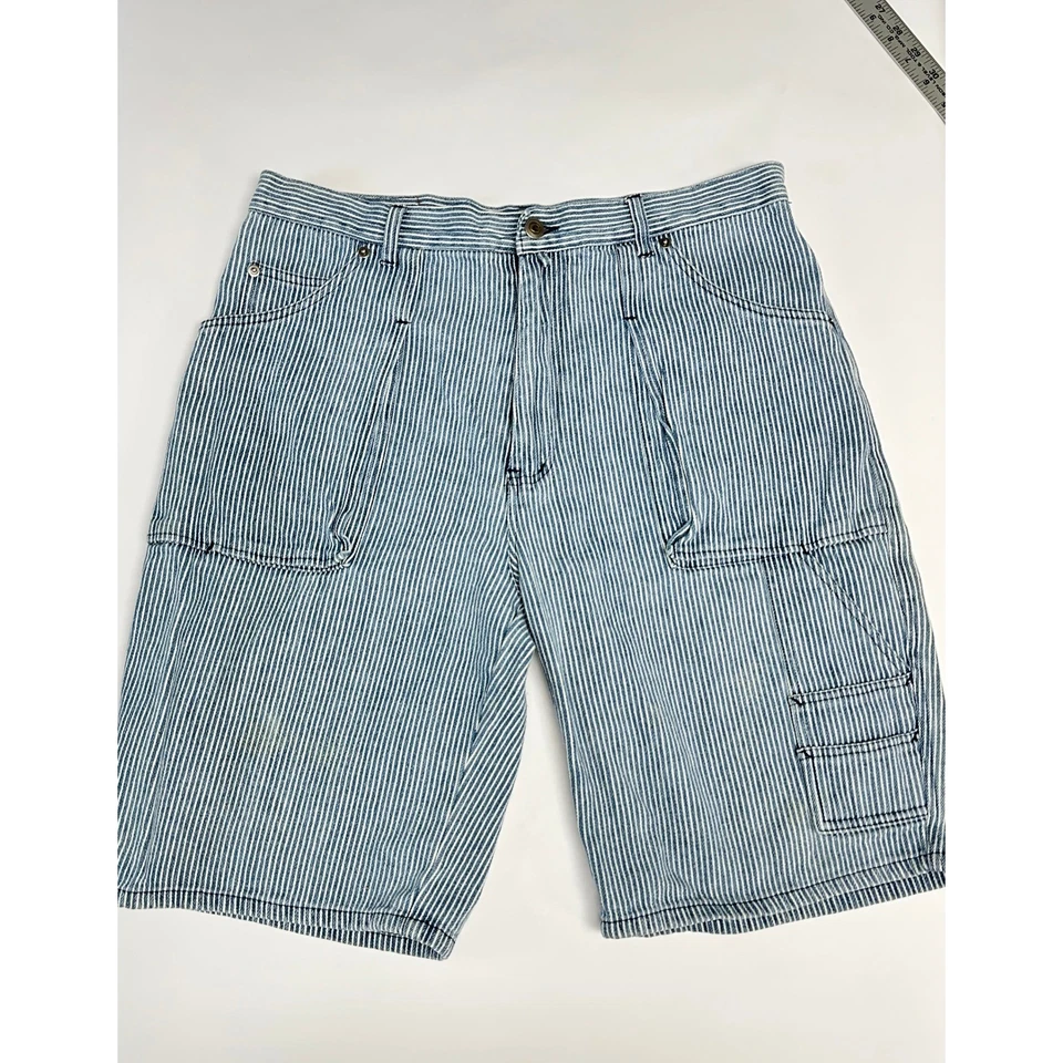 Pantalones Cortos de Jean Carpintero Vintage Años 90 Y2K Rayas Para Hombre Talla 38 Azul Blanco Rayas Foto 2 de 4