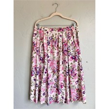Vintage 80's 90's Floral Midi Pocket Skirt White Pink Purple Size 12 Cottagecore