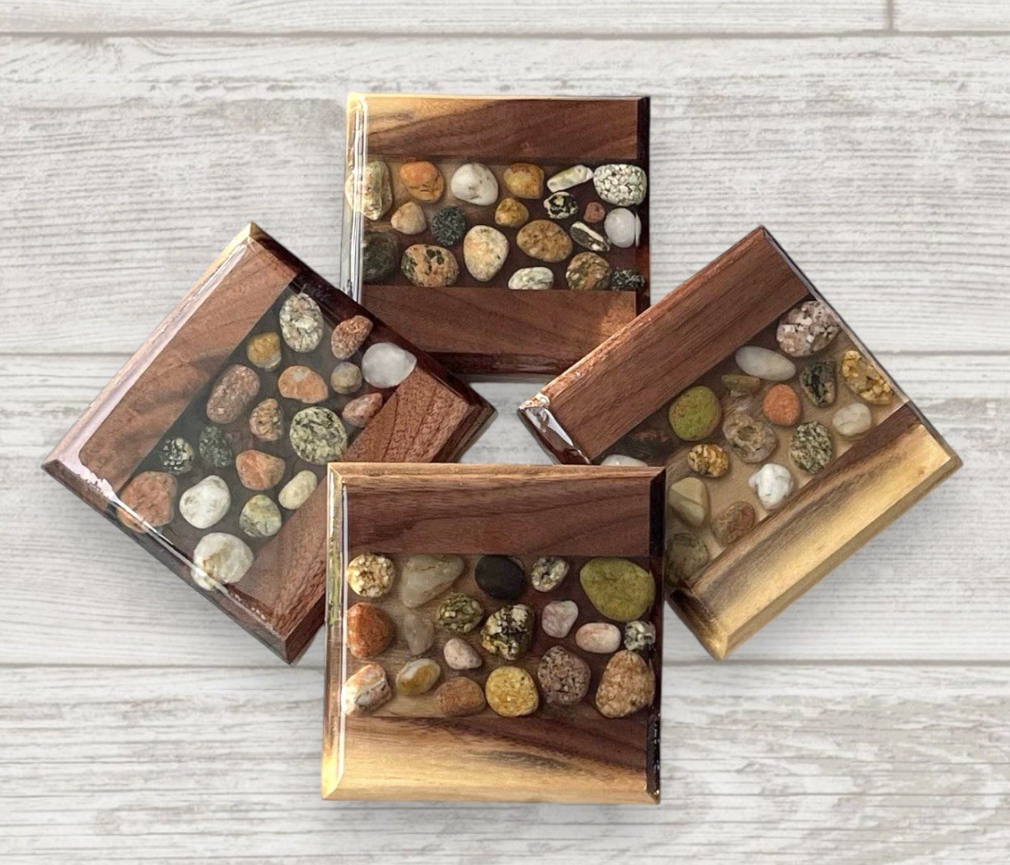 Handmade Black Walnut and Epoxy Resin Coasters Featuring Lake Superior Rocks-image
