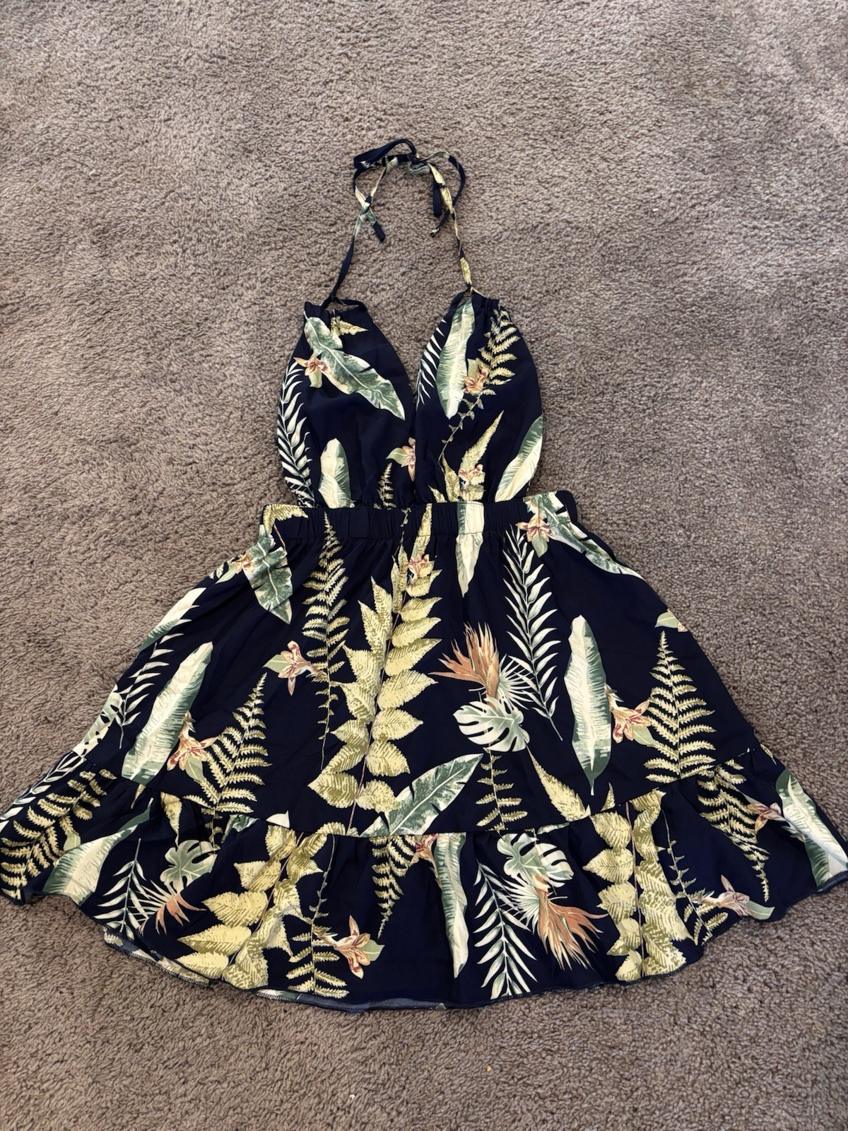 SHEIN Black Tropical Floral Halter V-Neck Tie Back Mini Dress Woven Poly S