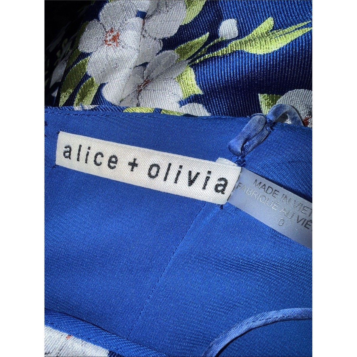 Alice & Olivia Tayla Structured Lantern Dress Blue Floral Jacquard Size 0 View 2