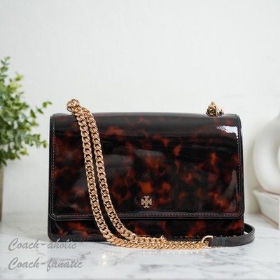 Tory Burch Emerson Tortoise Patent Leather Adjustable Shoulder Bag Purse NWT