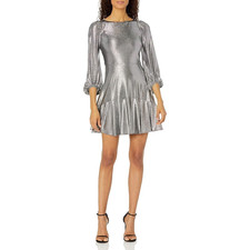 Eliza J Women's 3/4 Sleeve Fit & Flare Dress in Metallic Silver Size 6 MSRP $168