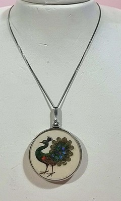 Victorian Era Double Sided Bird Feather Pendant Sterling Silver Peacock H/Bird