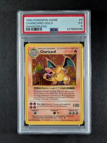 1999 Pokemon Shadowless Base Set CHARIZARD Holo Rare 4/102 English PSA 5