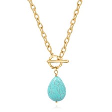 Turquoise Pendant Necklace 18K Gold Plated Link Thick Chain Trendy Toggle Clasp