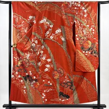 JAPANESE KIMONO FURISODE VERMILION 155cm 5 ft 1 in PURE SILK B1040