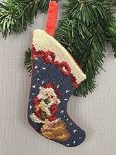 Vintage Needlepoint Mini 6" Christmas Stocking Ornament - Santa