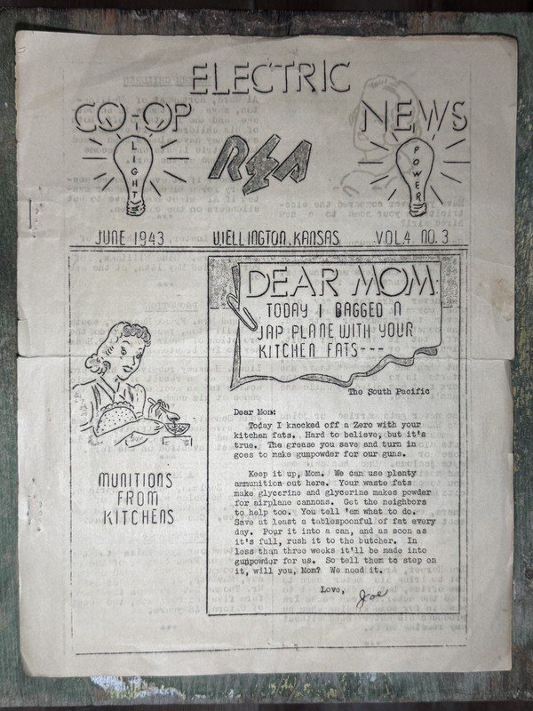 Rare June 1943 Electric Co-op News Wellington Kansas WWII REA Kitchen Fat Propag