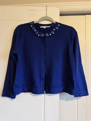 Boden Y2K Royal Blue Bolero Cropped  Cardigan Size 12 Sweater Bracelet Sleeve
