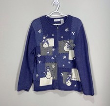 Croft Barrow Cardigan Sweater XL Zip Up Knit Wool Angora Blend Snowman Snowflake