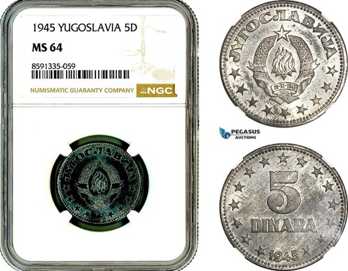 AM246, Yugoslavia, 5 Dinara 1945, Belgrade Mint, NGC MS64