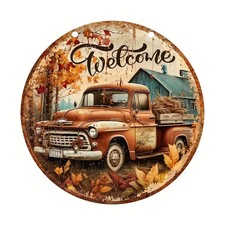 Country Fall Autumn Round Wooden Hanging Wood Welcome Sign