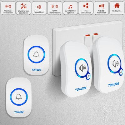 Wireless Doorbell Plug&Play 2 Plugin Receiver 2 Buttons Adjustable Volume 1000FT
