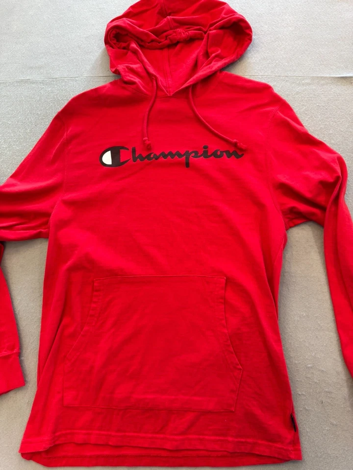Camiseta Champion con Capucha Para Hombre Mediana Roja Algodón Manga Larga Ropa Activa Logo Camiseta Foto 3 de 4